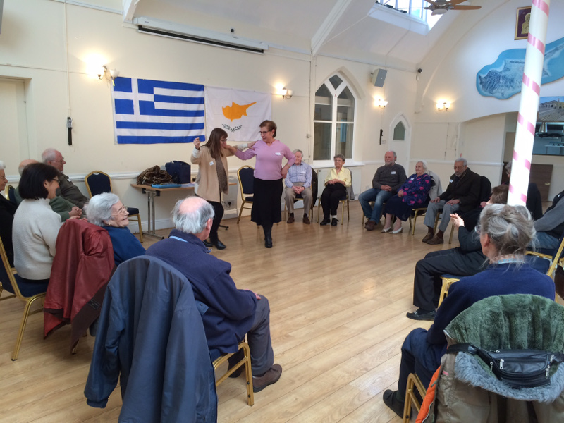 Helen and Marina showing the members the Zorba Dance steps