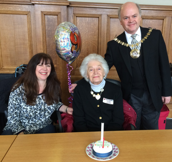 Joan who was 90 today with her daughter Tina and the Mayor of Barnet Joan who was 90 today with her daughter Tina and the Mayor of Barnet